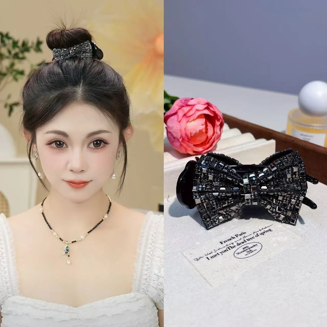 黑色蝴蝶结发夹轻奢抓夹高级感丸子夹后脑勺盘发鲨鱼夹女发饰