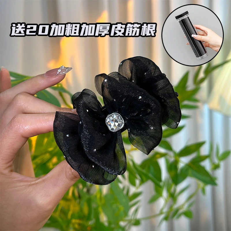 绢纱丸子头抓夹泡泡纱时尚黑色小香风发夹韩版+20根加粗加厚皮筋