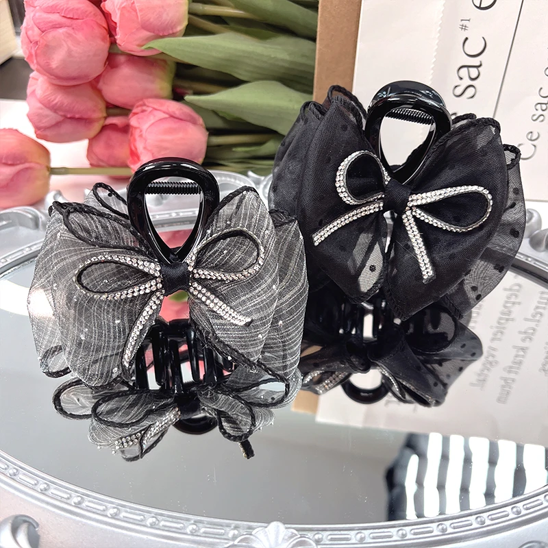 【梦夏】超仙网纱蝴蝶结发夹高级感黑色精致抓夹2024新款鲨鱼夹顶夹