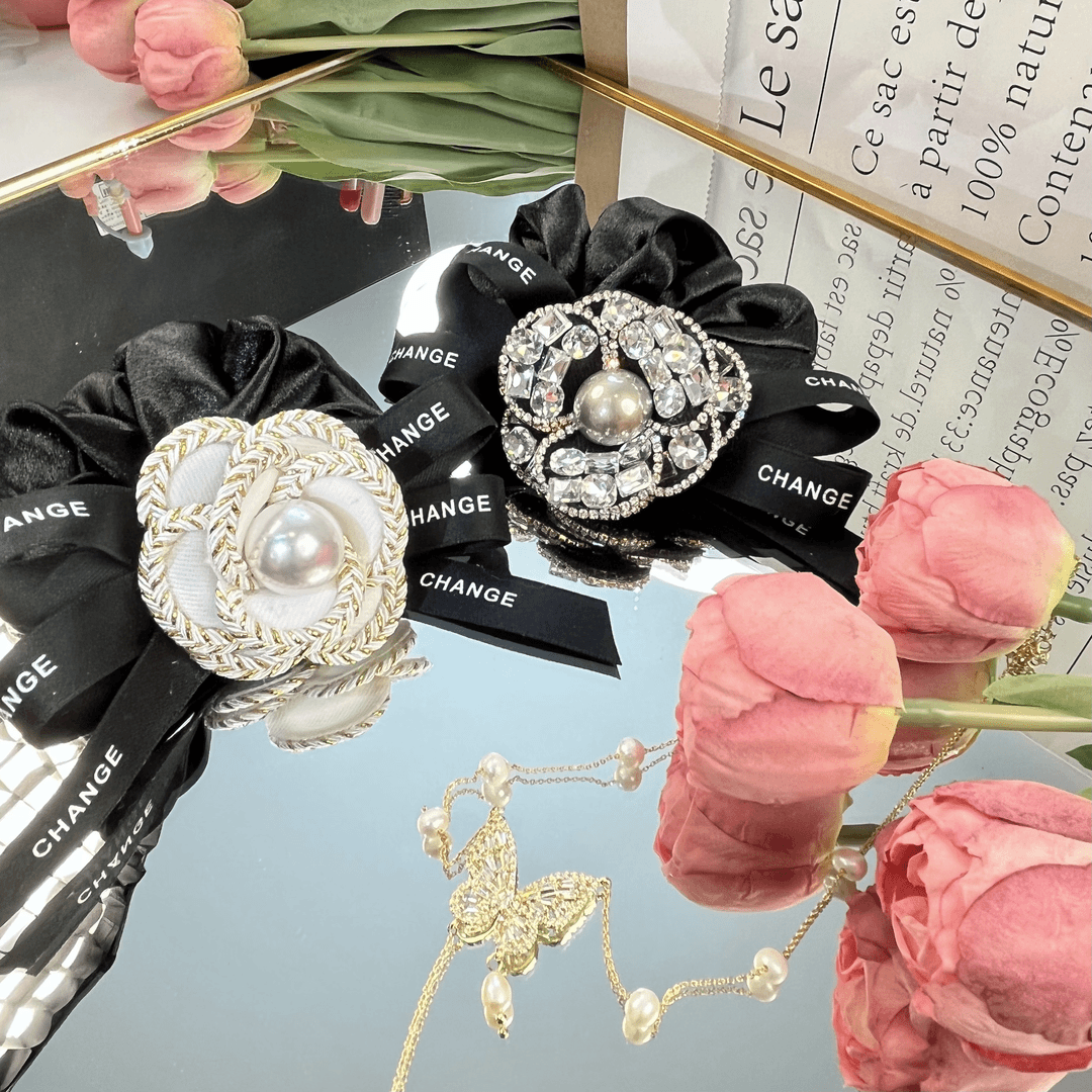 气质百搭山茶花大肠发圈丸子夹蝴蝶结头绳橡皮筋发饰