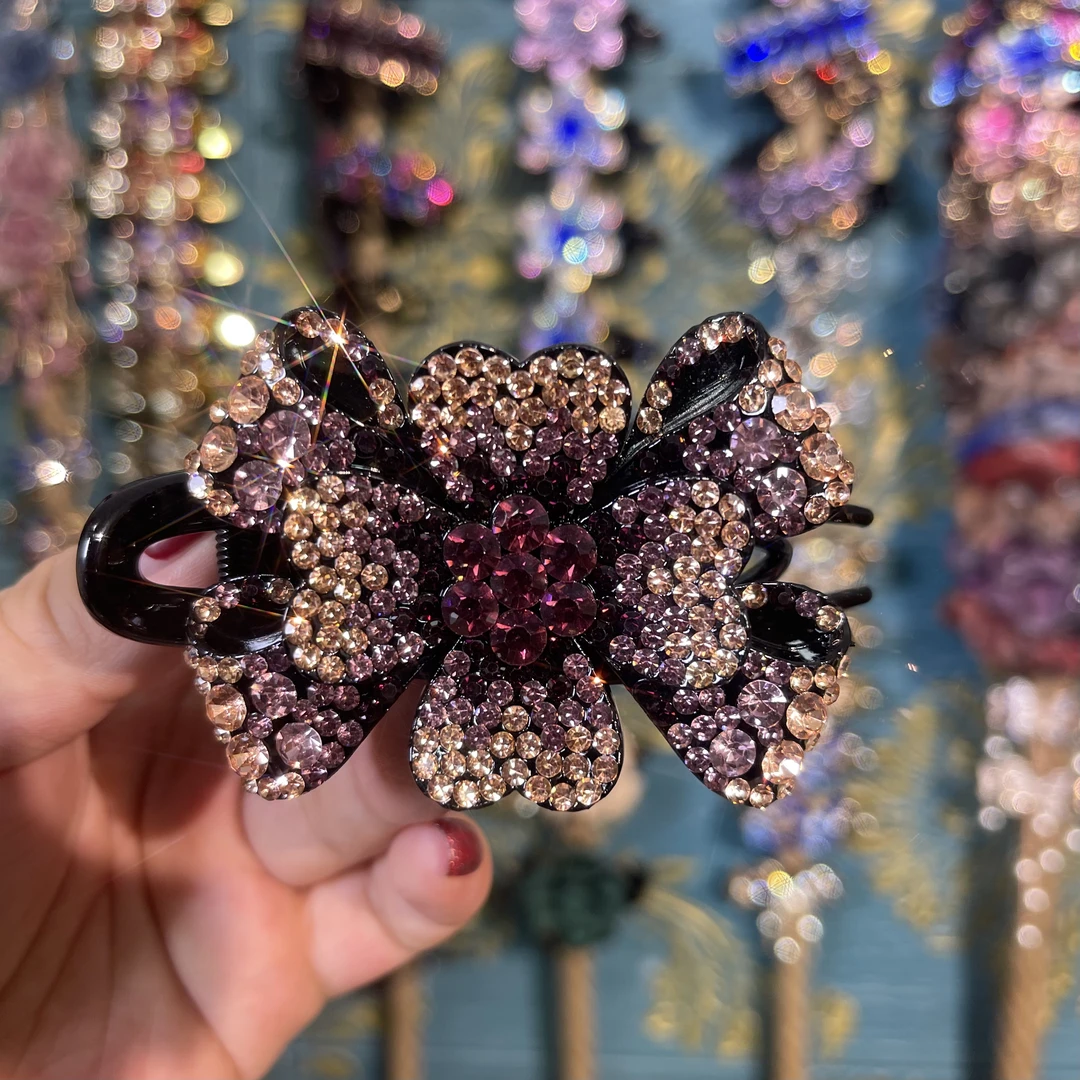 新款花朵鸭嘴夹韩版气质发夹妈妈头饰发卡轻奢满钻+四齿梳一个