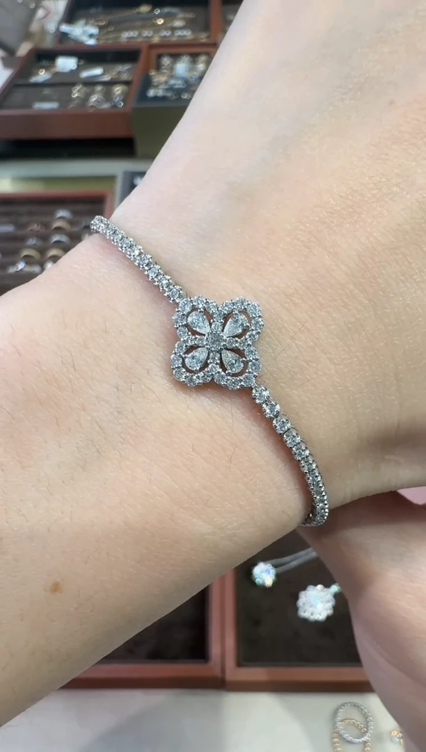 【闪购商品】钻石手链18K金镶嵌【天然钻石】四叶草水滴手链16-18CM