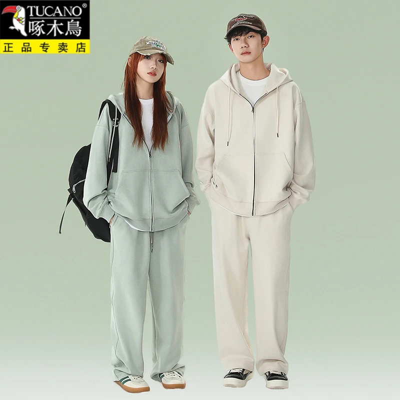 啄木鸟秋冬款情侣连帽卫衣时尚开衫男女休闲运动套装两件套春秋