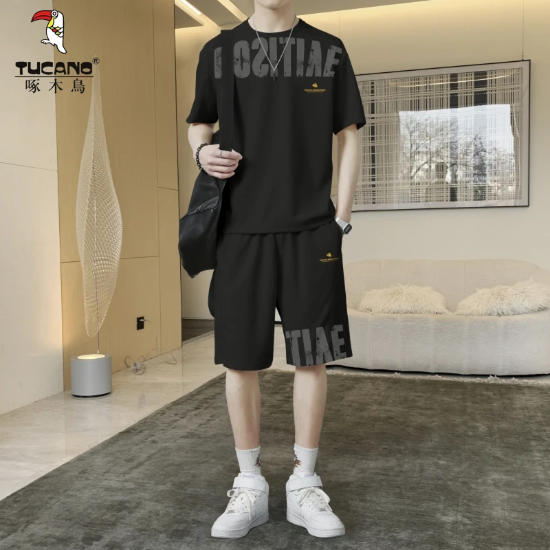 TUCANO/啄木鳥夏季圆领短袖短裤套装青年帅气印花t恤两件男士潮流