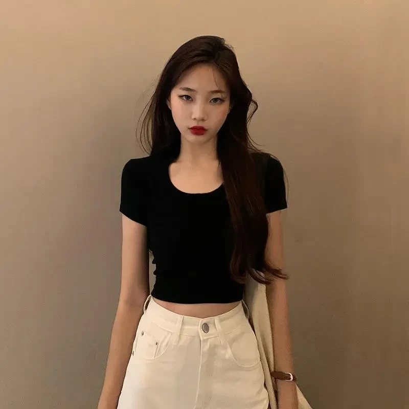 短款短袖T恤女小个子黑色网红高腰正肩2024紧身小众上衣辣妹夏季t