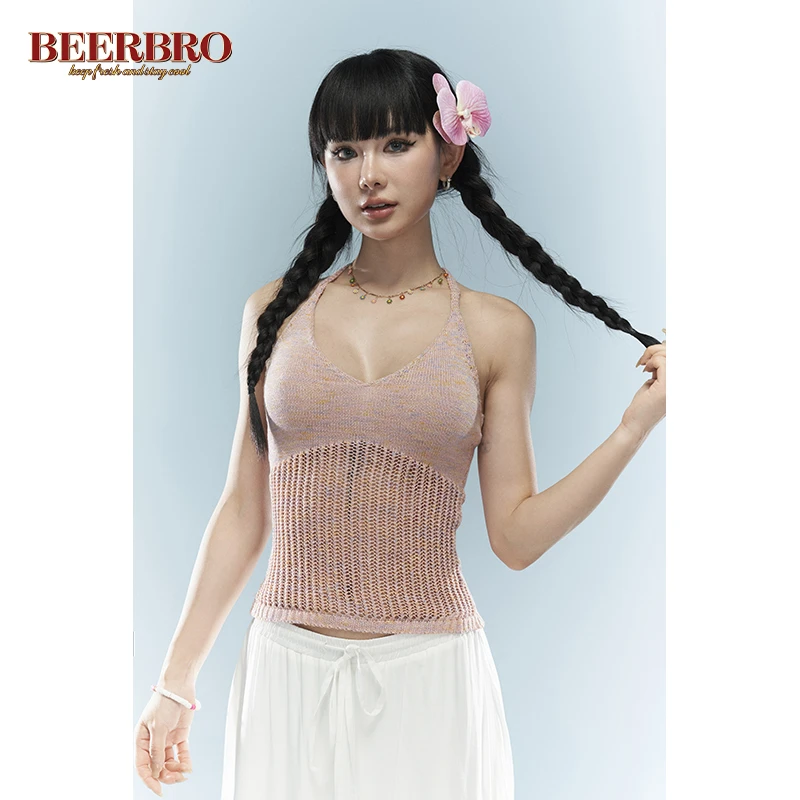 现货BZ24X3538-1BN辣妹V领收腰合体挂脖镂空毛织背心