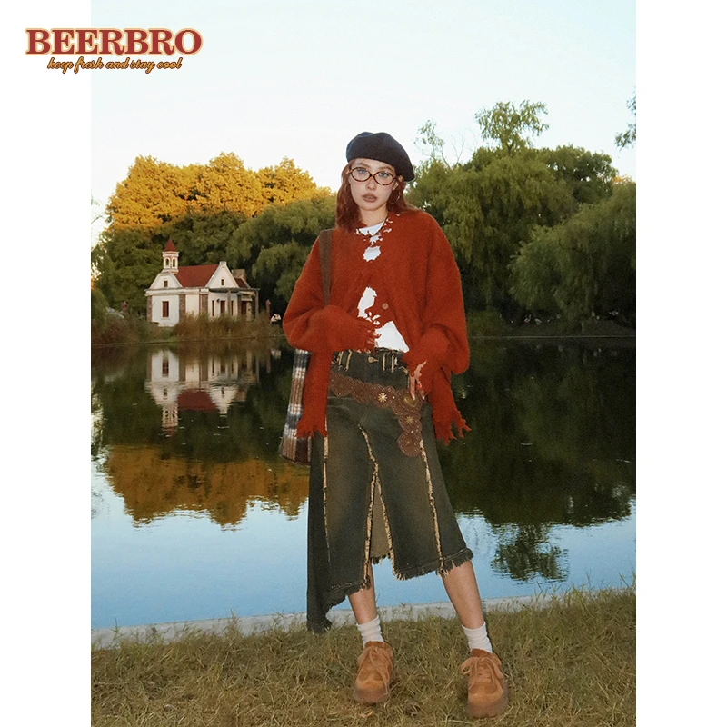 BZ23Q3034-1JT 美式复古流苏毛边做旧牛仔鱼尾半裙