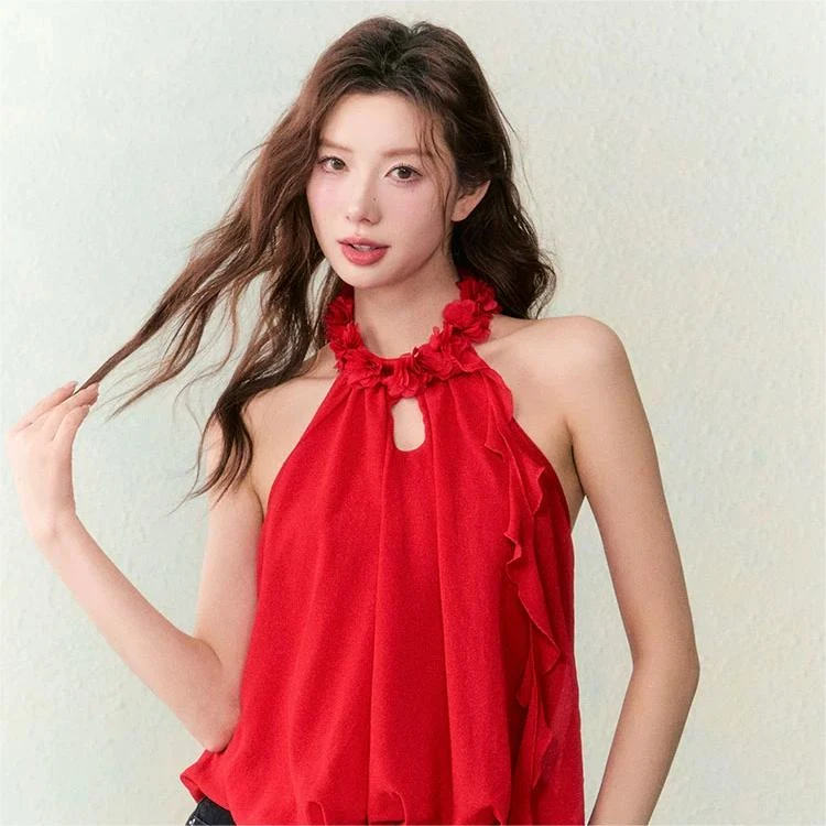 【小野人】CZ24C5495 OCRC 花朵领口吊带飘带花苞式雪纺上衣