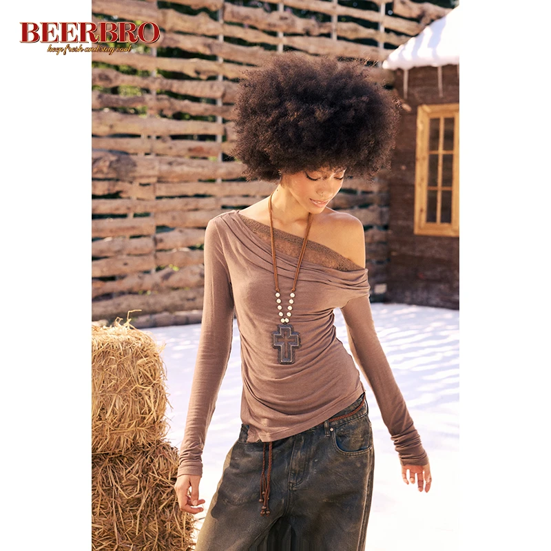 BZ24DLM476-1CD 美式辣妹游牧风蕾丝假两件针织衫