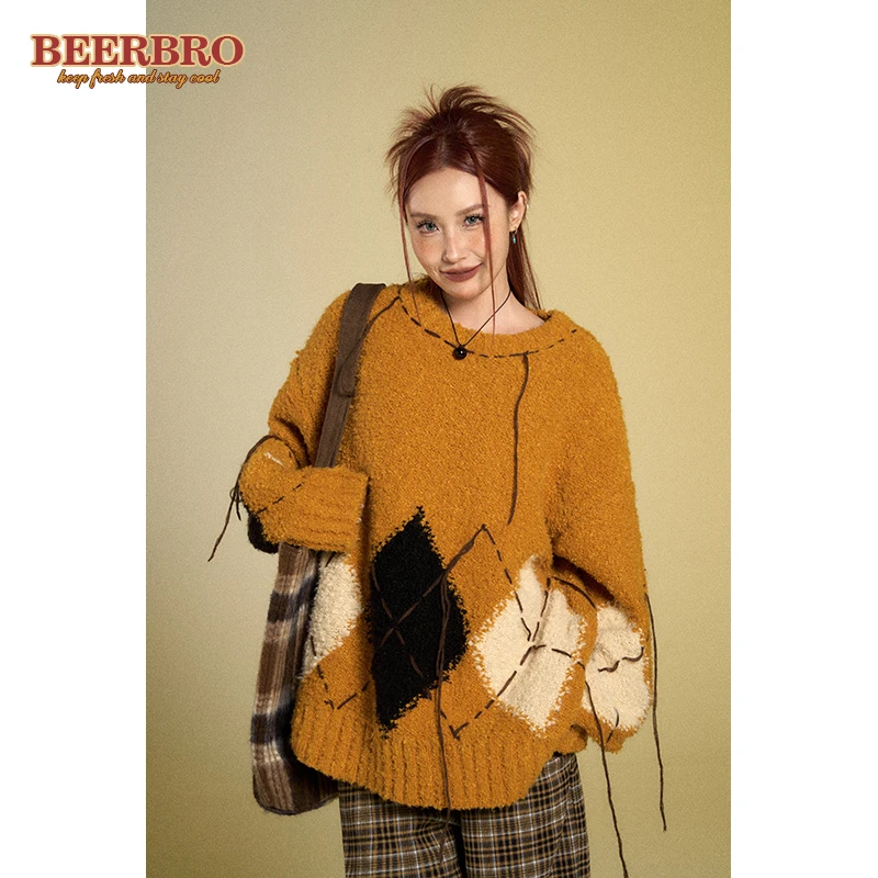 现货BZ23Q2810-1NK 慵懒风撞色菱形格纹宽松保暖毛衣