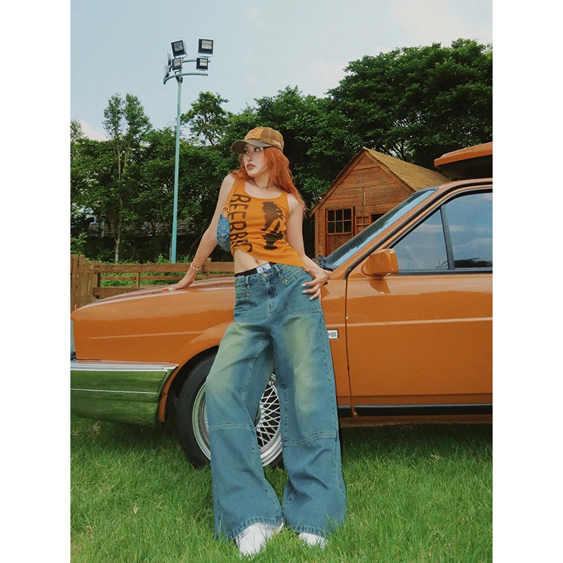 BZ23C2228-1JN BeerBro 美式复古辣妹宽松分割洗水牛仔裤