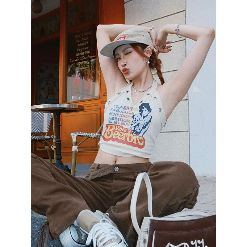 BZ23C2206-1DD BeerBro复古Y2K辣妹挂脖绑带背心女夏V领修身吊带