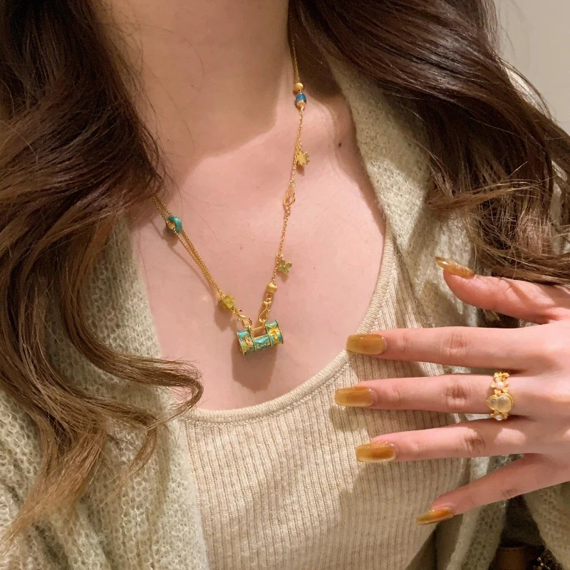 铜合金珐琅项链 MeDo岁岁安新中式珐琅同心锁项链毛衣链设计感46