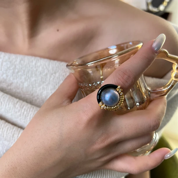 铜合金仿珍珠戒指 MeDo轻奢时尚星光夜戒指手工中古气质法式蓝色