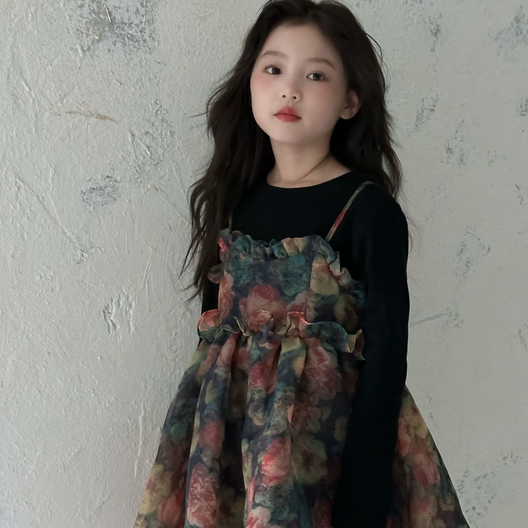 女童套装裙秋装2025新款小女孩复古连衣裙洋气儿童时髦碎花公主裙