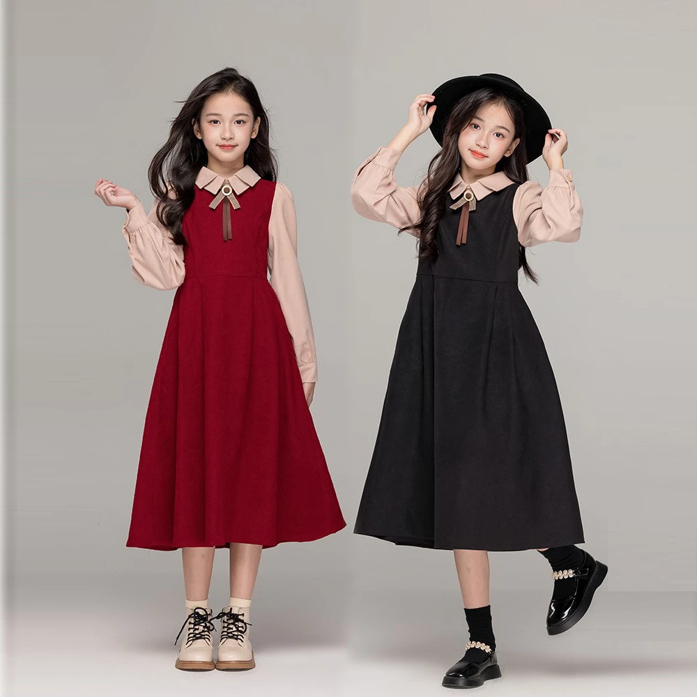 女童复古红色连衣裙2025春秋新款双层领拼色收腰假两件学院风长裙