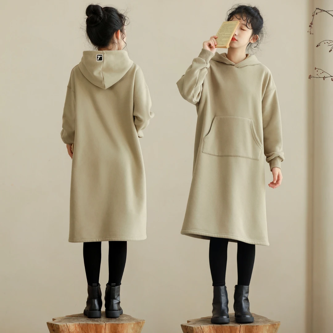 女童慵懒风长袖连衣裙春秋季2025新款中大儿童宽松加绒连帽卫衣裙