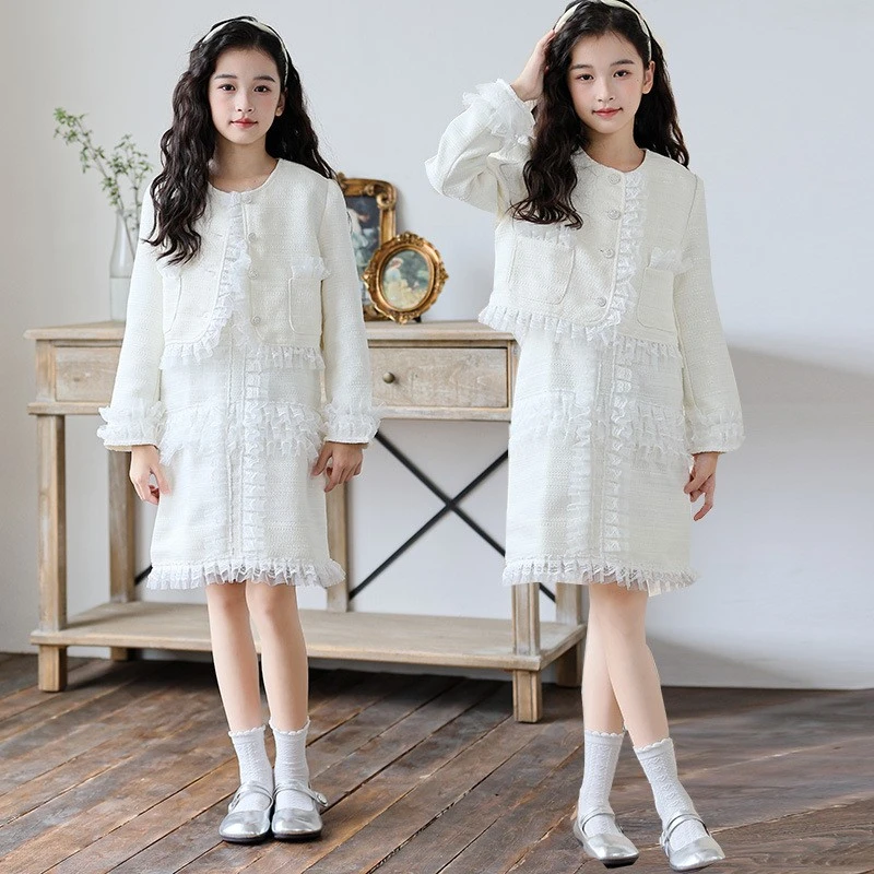 女童春秋款小香风套装2025新款韩系女孩穿搭外穿开衫裙子两件套潮