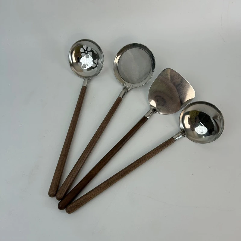 304钢胡桃木锅铲厨具汤勺漏勺食品级勺子厨房木柄