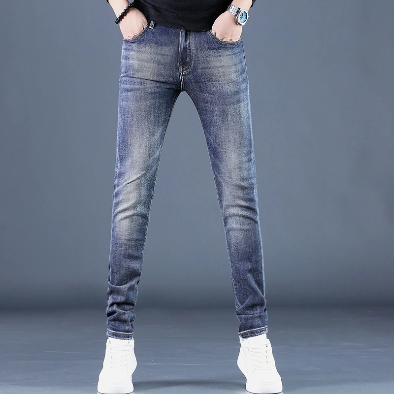 2025高档款牛仔裤男深蓝色修身小脚裤弹力春季新款百搭男士长裤潮