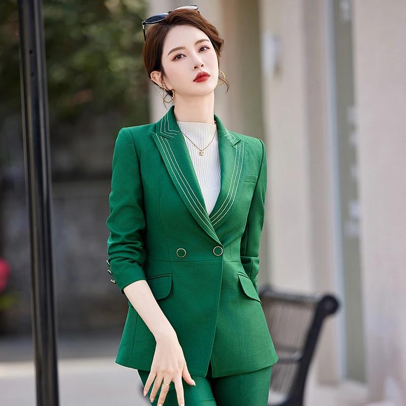 【阿蔓定制】绿色西装套装2025春秋新款高级感喇叭裤气质时尚正装