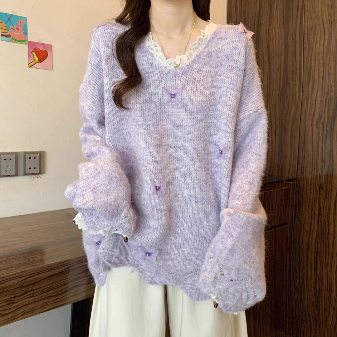 蕾丝花边蝴蝶设计感内搭毛衣紫色外套女春秋冬大码显瘦针织衫上衣