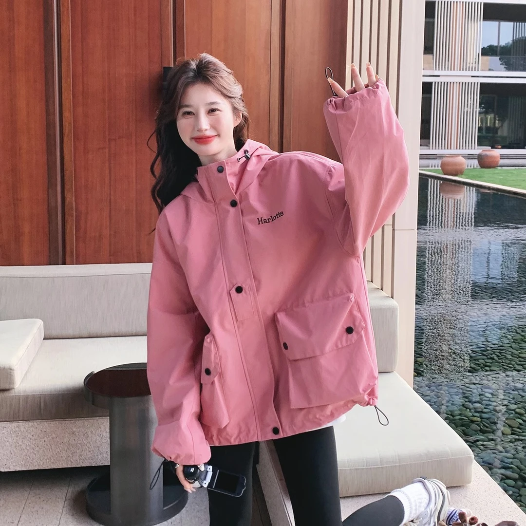 粉色冲锋衣外套女春秋2024新款韩系超好看网红炸街工装风短款夹克