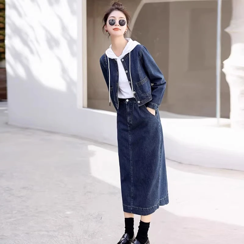 春季减龄洋气牛仔外套半身裙套装女2024新款高腰过膝牛仔裙两件套