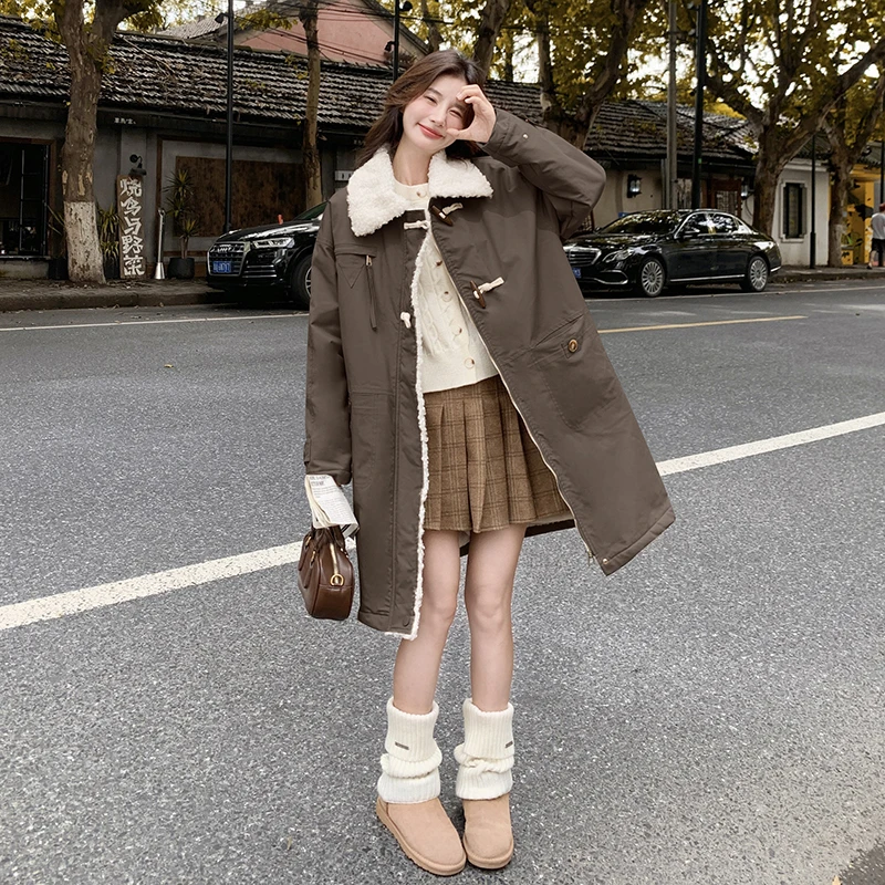 韩版宽松休闲派克棉服女2024秋冬新款加绒加厚宽松中长款外套