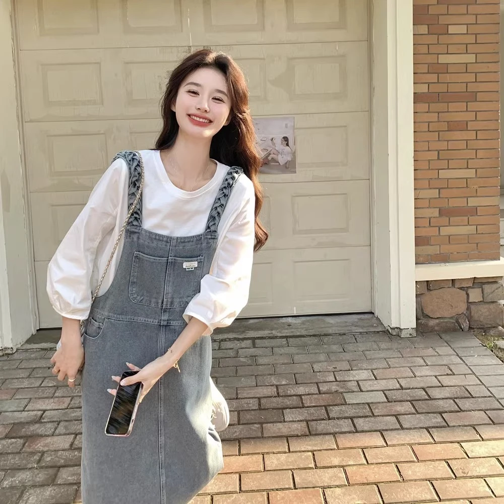 学院风牛仔背带裙女春秋减龄活泼洋气显瘦连衣裙套装裙流行一套