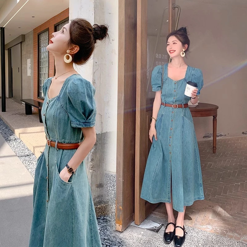 牛仔连衣裙女2024年夏季新款韩版收腰显瘦气质时尚a字裙过膝长裙