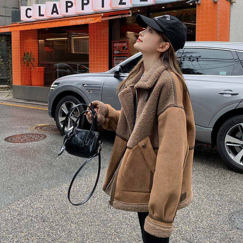 仿羊羔毛皮毛一体外套女2025年秋冬加绒加厚拼接机车服美拉德棉服