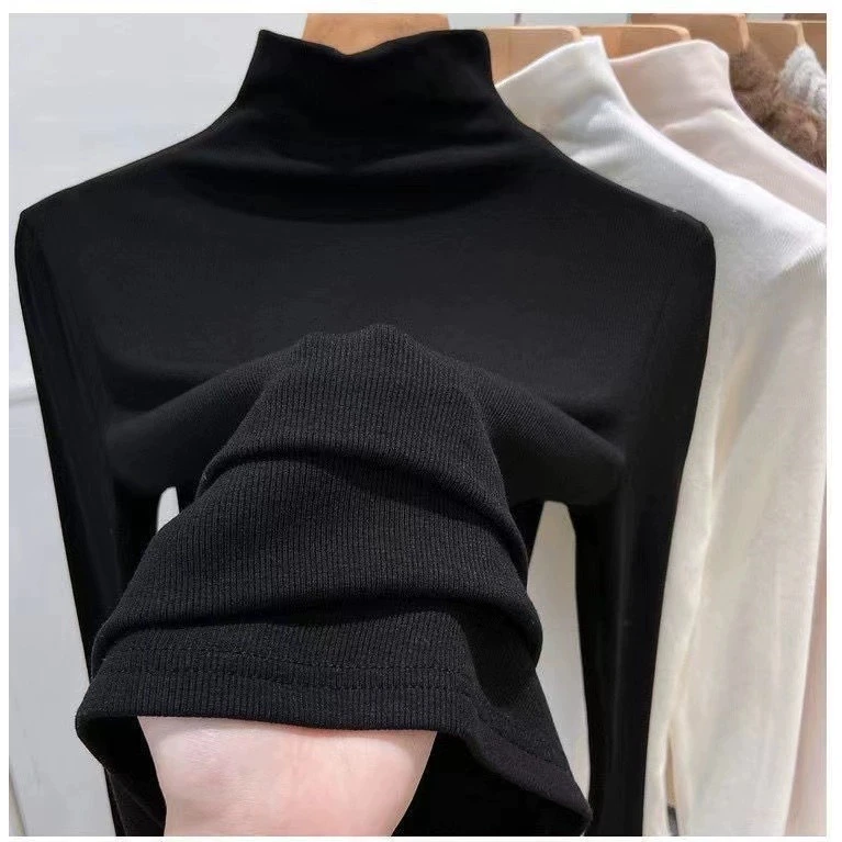 螺纹长袖t恤女装2024春秋薄款气质大码修身半高领打底衫休闲上衣