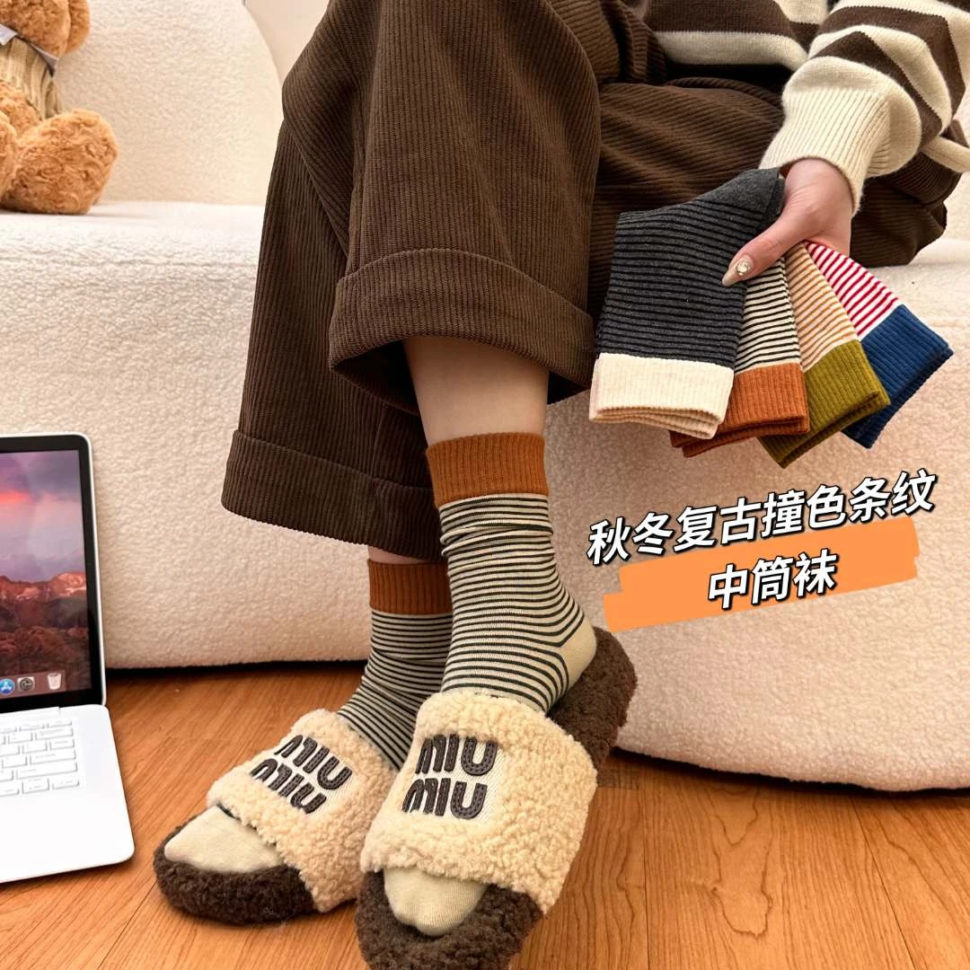 花芬漾【4双装】秋冬复古撞色条纹堆堆袜中式潮流女袜学院风少女袜
