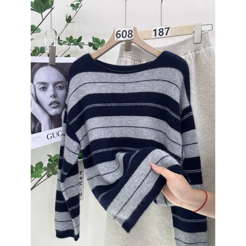欧货重磅2025新款高级感蓝灰色条纹宽松休闲毛衣针织衫女上衣