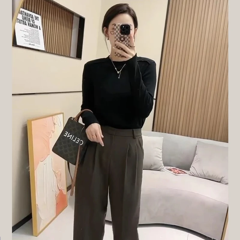 鱼骨长袖t恤打底衫女内搭上衣春秋款圆领大码修身百搭外穿显瘦