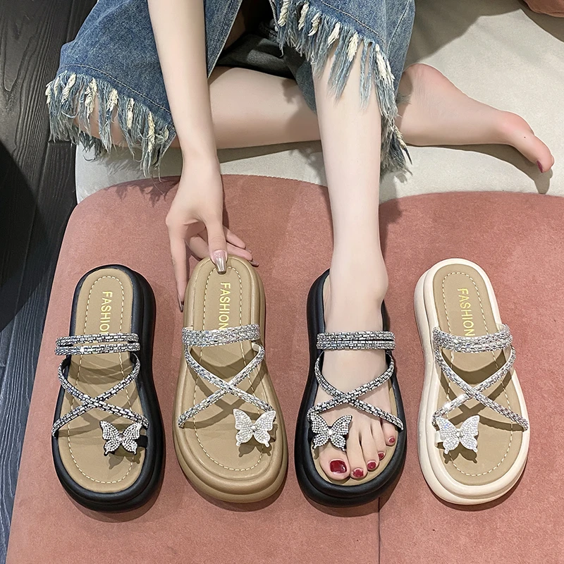 蝴蝶水钻时尚厚底时尚拖鞋2024夏季软底外穿防滑气质百搭软底凉拖