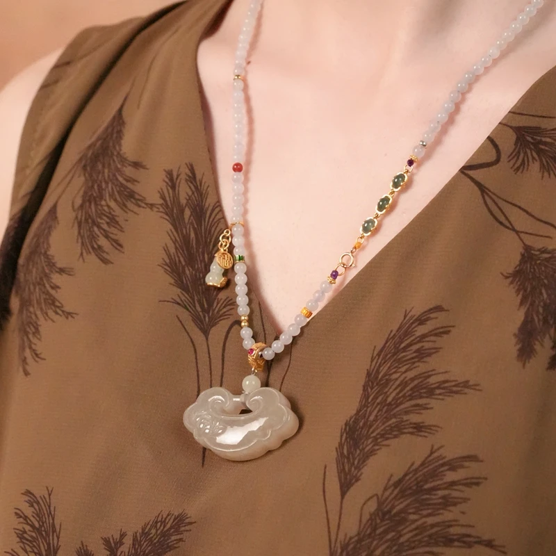 XL017和田玉4mm项链烟藕粉吊坠手工雕刻新中式珠宝文玩【真心香馆】