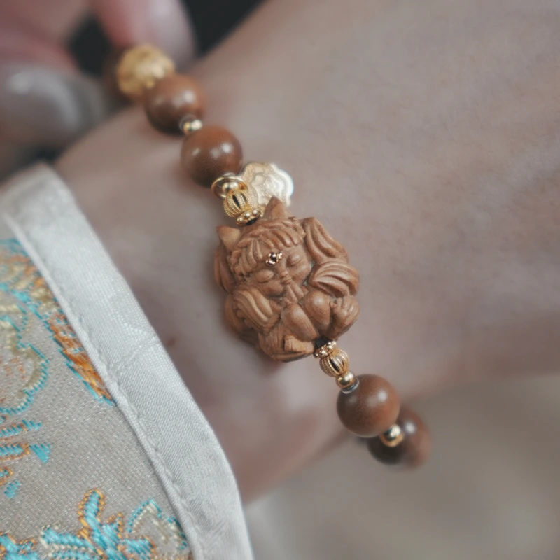 SC320 天然印度老山檀手串单圈凤九雕刻饰品8mm国风【真心香馆】