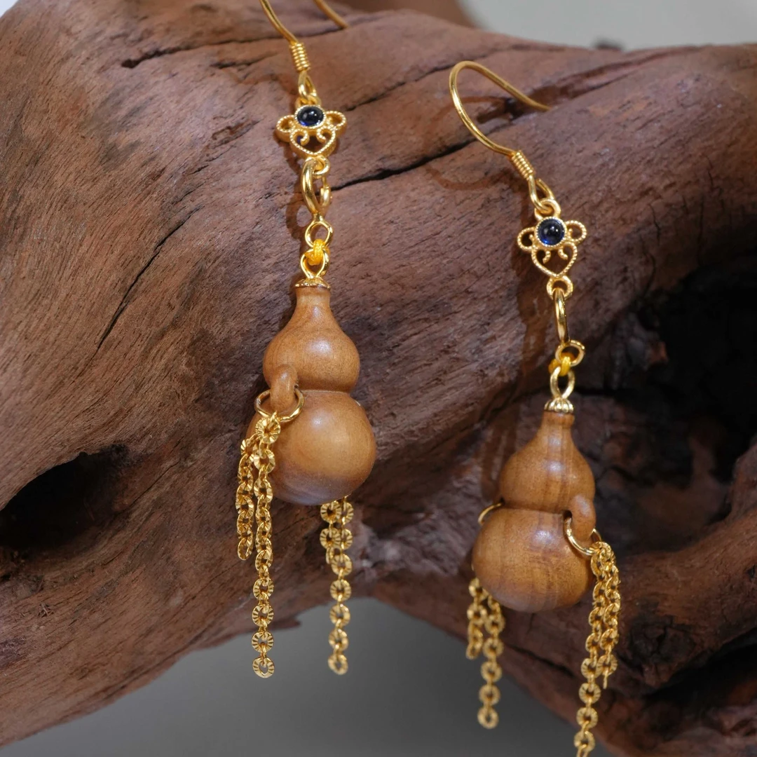 EH003 天然印度老山檀耳环-（葫芦落归）原创设计【真心香馆】