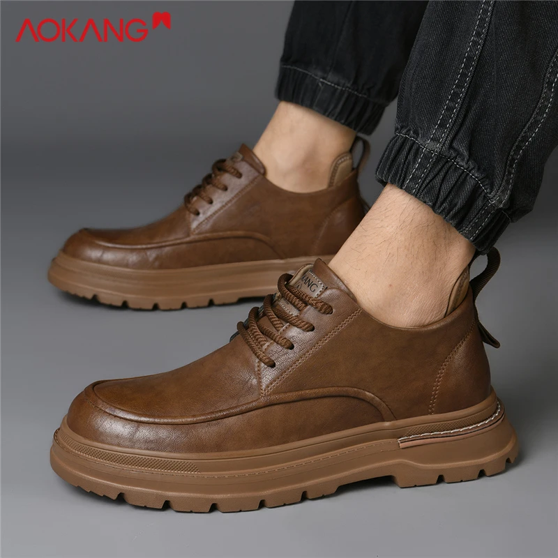 Aokang/奥康2025冬季黑色软底冬季时尚百搭潮鞋厚底低帮休闲皮鞋