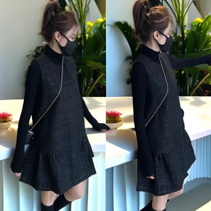 小香风高贵马甲连衣裙女秋冬时尚法式亮丝宽松显瘦遮肉外搭无袖裙