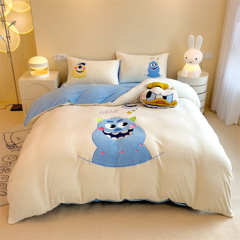 新款迪士尼A类全消光牛奶绒贴布绣四件套卡通珊瑚绒双面被套冬季