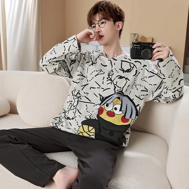 春秋季长袖男士纯棉睡衣青少年学生胖男孩可爱卡通家居服套装大童