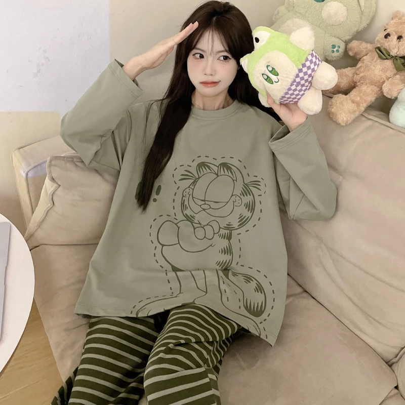 秋季长袖女士睡衣卡通加肥加大码胖MM200斤宽松显瘦家居服套装5XL