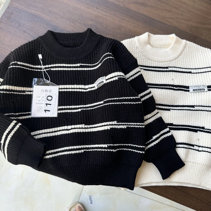儿童毛衣针织衫男童条纹圆领秋冬套头童装秋冬打底衫加厚