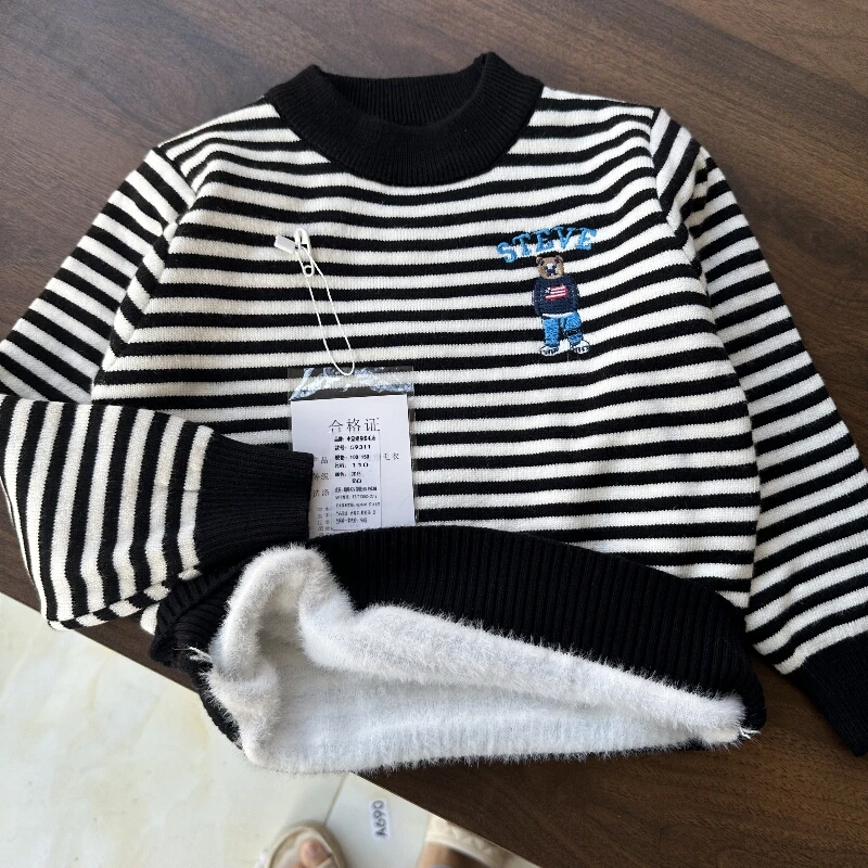 儿童一体绒加厚毛衣男童加绒条纹加厚针织打底衫