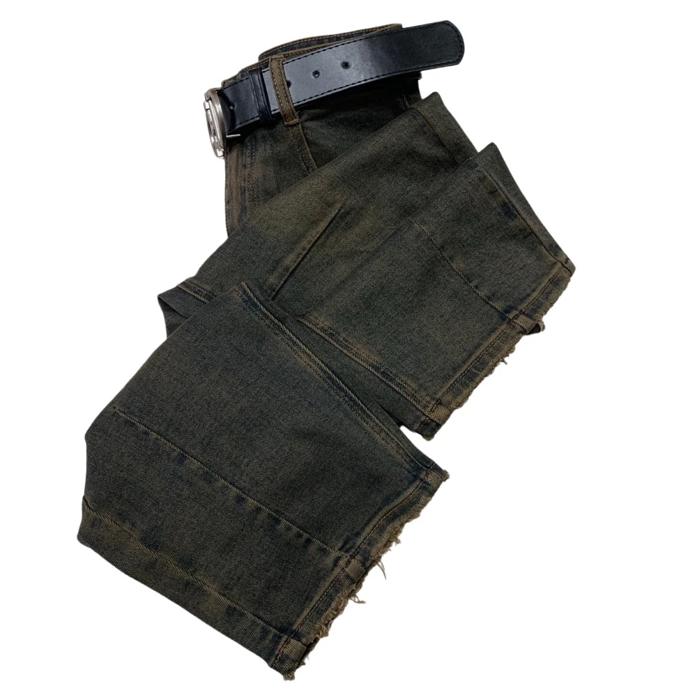 T51129秋款复古怀旧色牛仔九分休闲弯刀裤（带腰带样式随机）