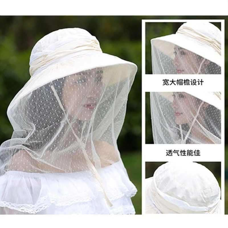 户外面纱帽男女防紫外线脸纱帽钓鱼防晒帽防蚊网纱帽遮脸防蜂网帽