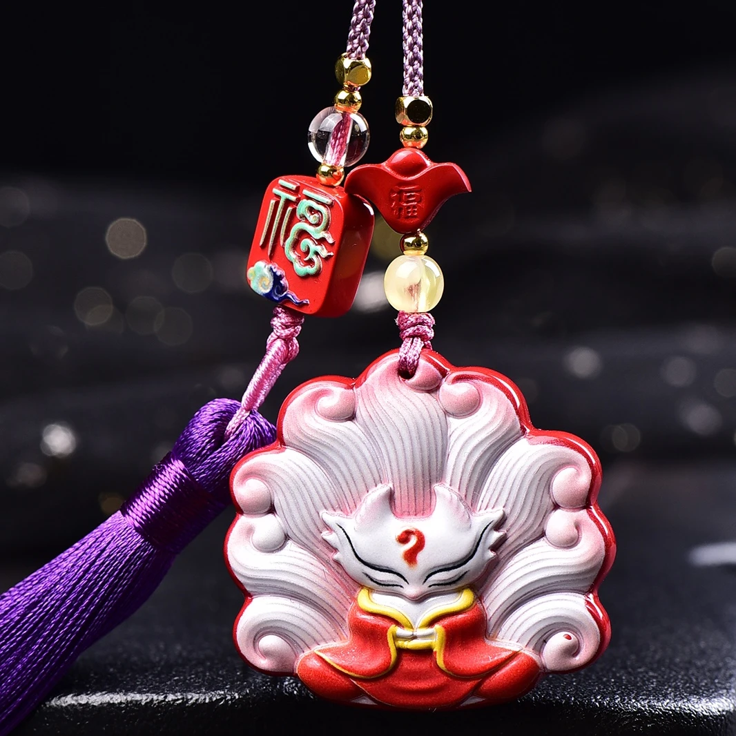 含辰砂工艺品朱砂红砂彩绘九尾狐吊坠包挂车挂挂饰时尚百搭饰品